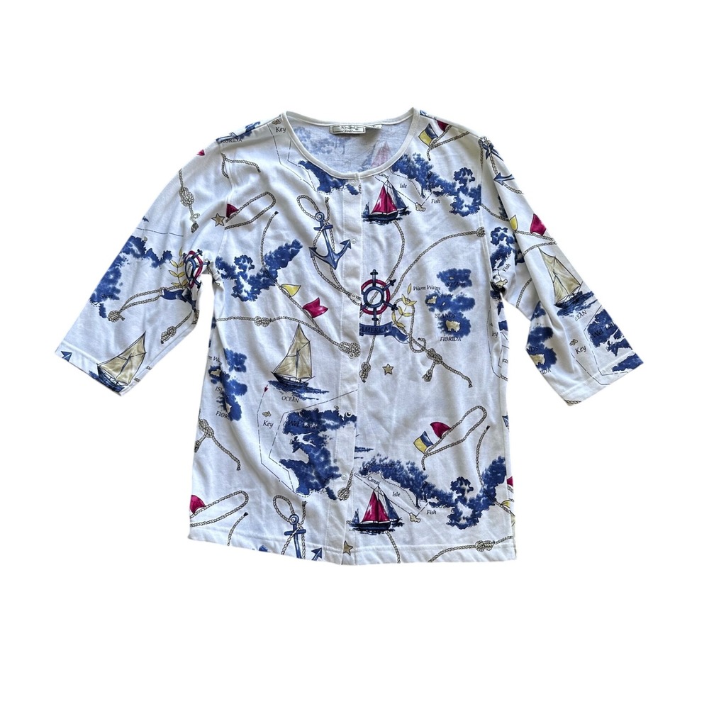 Kenneth Too! Nautical Map Sailboat Snap Front Cardigan Top White Blue S Vtg